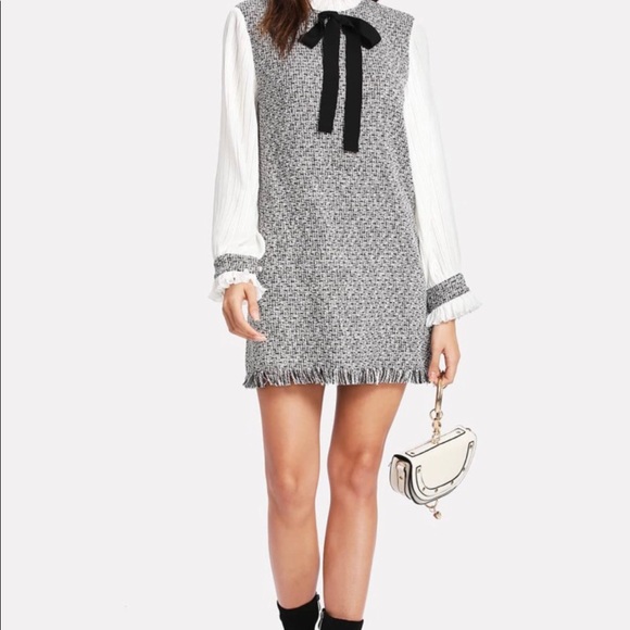 SHEIN Dresses & Skirts - Contrast Pleated Sleeve Frayed Hem Tweed Dress xs